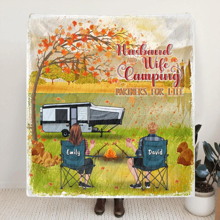 Personalized Camping In The Fall Blanket - Parents Upto 4 Kids, 4 Pets- Husband And Wife Camping Partners For Life