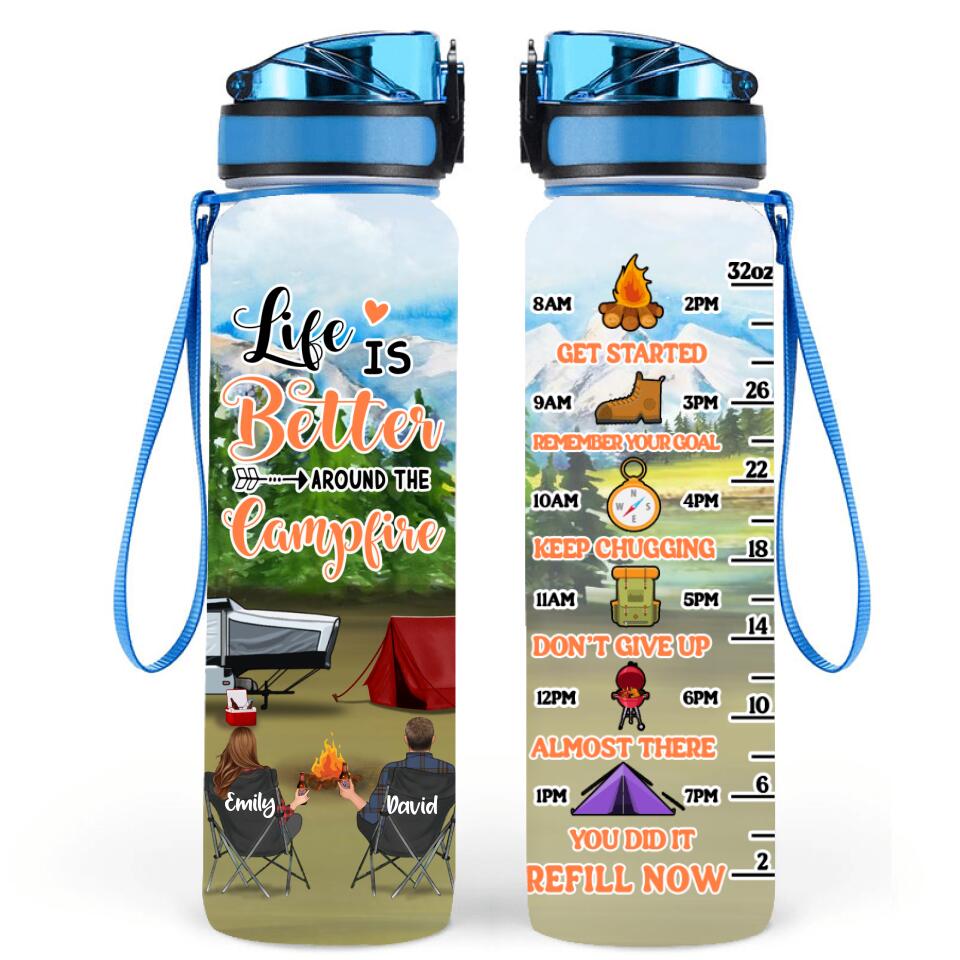Personalized Hiking Water Tracker Bottle - Adult/Couple With Up to 3 Dogs - Gift Idea For Couple/Hiking Lover - Making Memories And Leaving Footprints