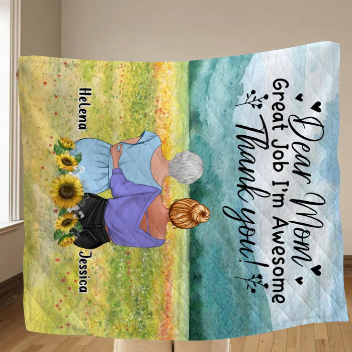 Custom Personalized Mom & Daughter Quilt/Single Layer Fleece Blanket/Pillow Cover - Mother's Day Gift Idea From Daughter - Dear Mom Great Job I'm Awesome