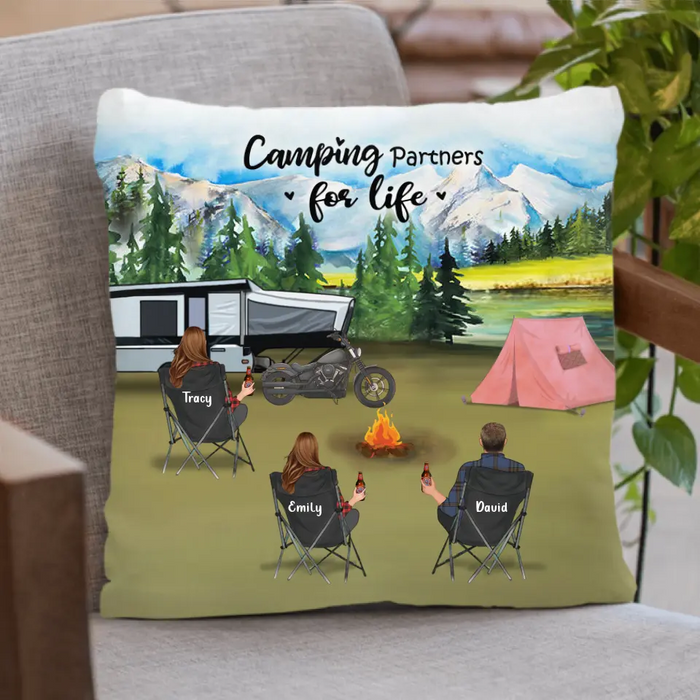Custom Personalized Camping Pillow Cover/Quilt/Single Layer Fleece Blanket - Gift For Camping Lovers With 3 Adults - Camping Partner For Life