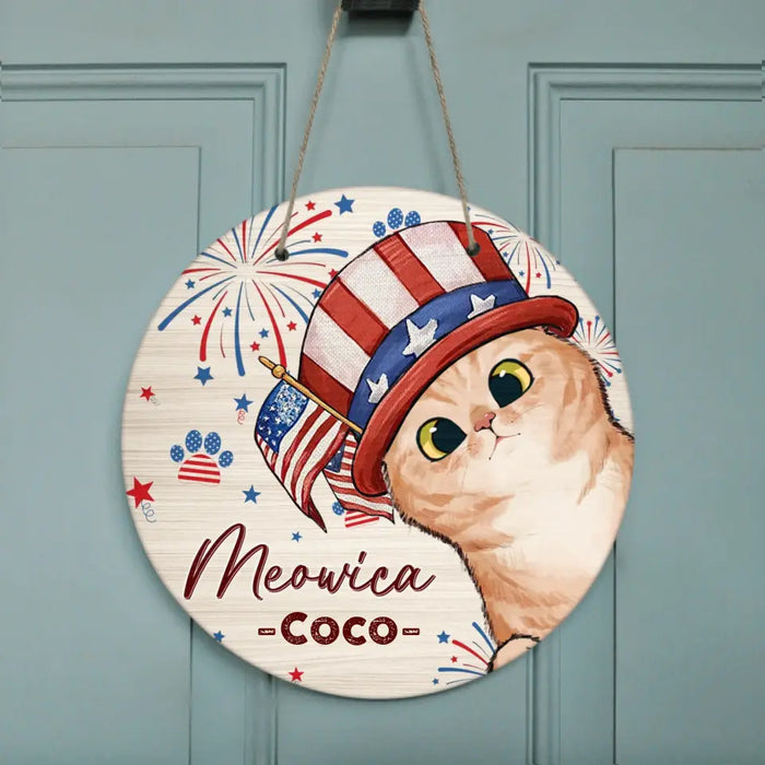 Custom Personalized 4th Of July Pet Circle Wooden Sign - Upto 4 Pets - Gift Idea For Independence Day/ Dog/Cat Lover - Meowica