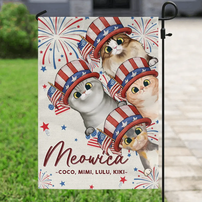 Custom Personalized 4th Of July Pet Flag Sign - Upto 4 Pets - Gift Idea For Independence Day/ Dog/Cat Lover - Meowica