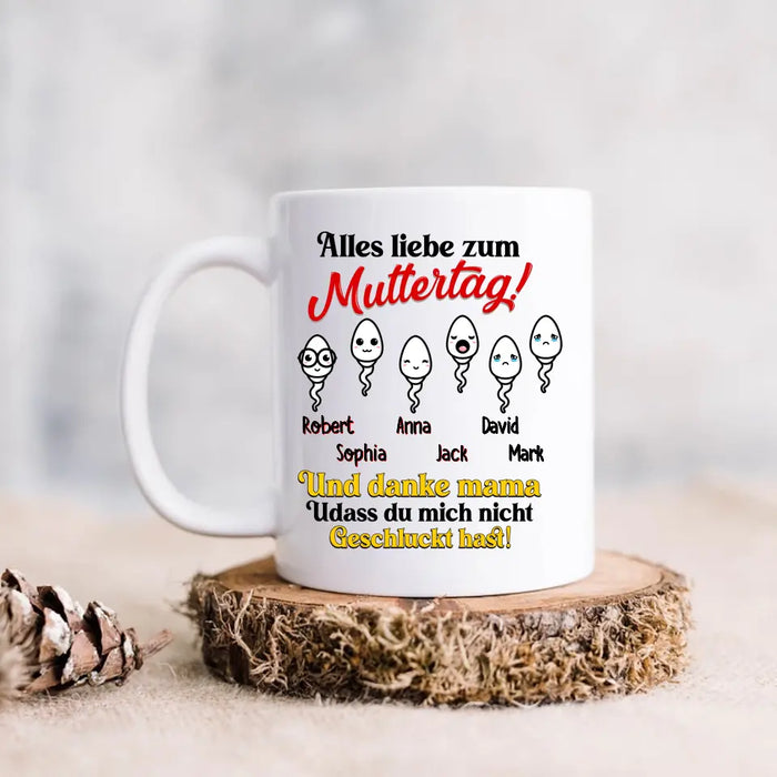 Custom Personalized Sperms Coffee Mug- Gift Idea From Kids to Mom - Upto 6 Sperms - Alles Liebe Zum Muttertag!
