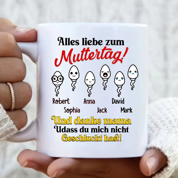 Custom Personalized Sperms Coffee Mug- Gift Idea From Kids to Mom - Upto 6 Sperms - Alles Liebe Zum Muttertag!