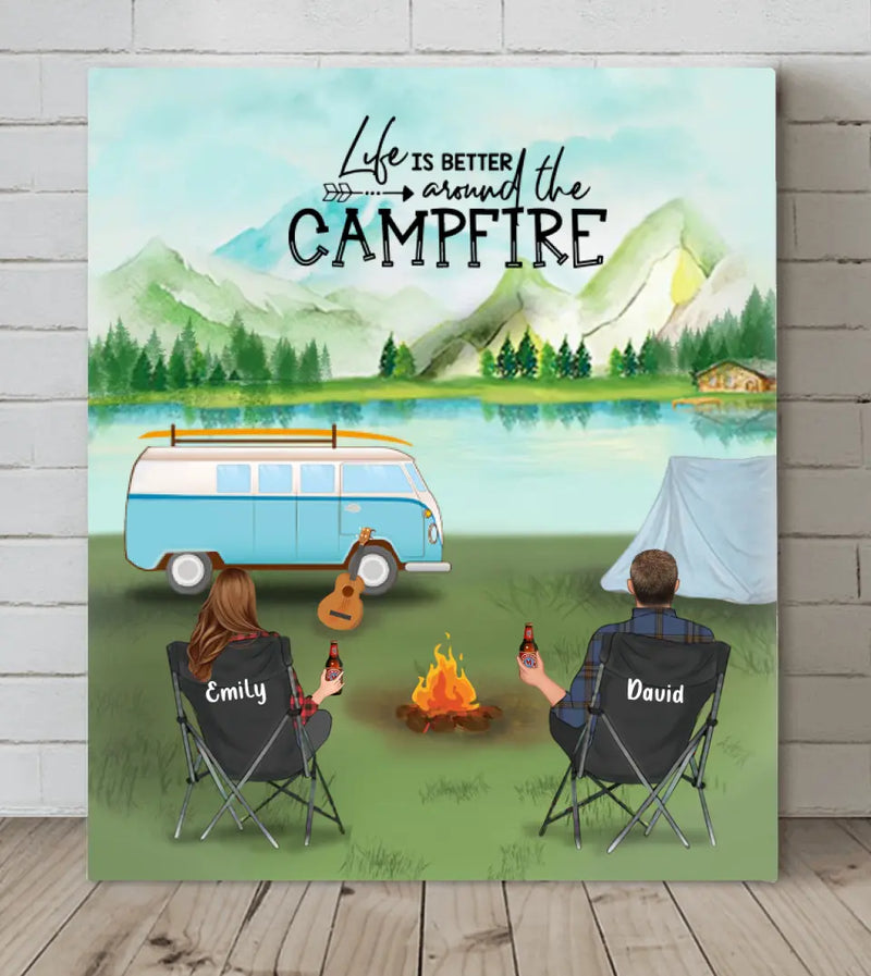 Personalized Camping Canvas - Gift For Whole Couple/Family - Couple/Parents Up to 6 Kids - 6 Pets - Life Is Better Around Camfire