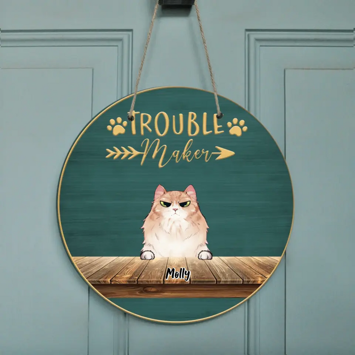 Custom Personalized Pet Door Sign - Upto 6 Cats/ Dogs - Best Gift For Cat/Dog Lover - Trouble Maker