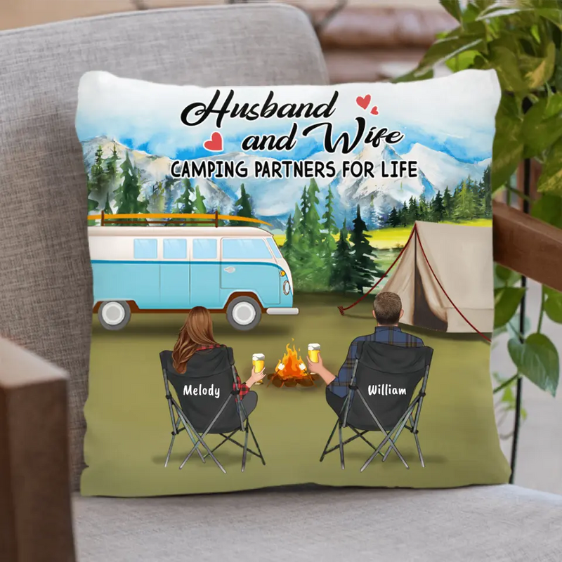 Personalized Camping Husband And Wife Pillow Cover - Best Gift For Couple - Husband And Wife Camping Partners For Life