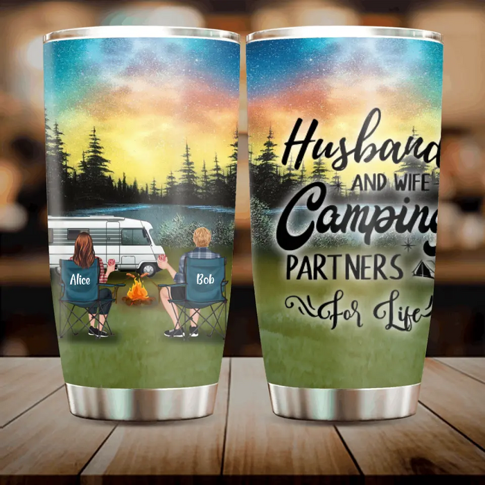 Custom Personalized Camping Tumbler - Single/ Couple With Upto 6 Pets - Gift Idea For Camping Lover/ Valentine's Day - Husband And Wife Camping Partners For Life