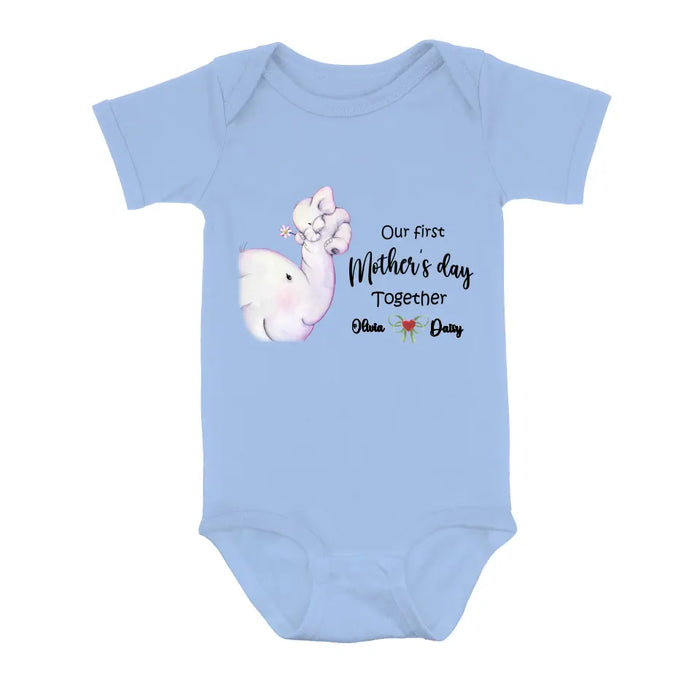 Custom Personalized Elephant Baby Onesie/T-Shirt - Gift Idea for Baby/Mother's Day - Our First Mother's Day Together