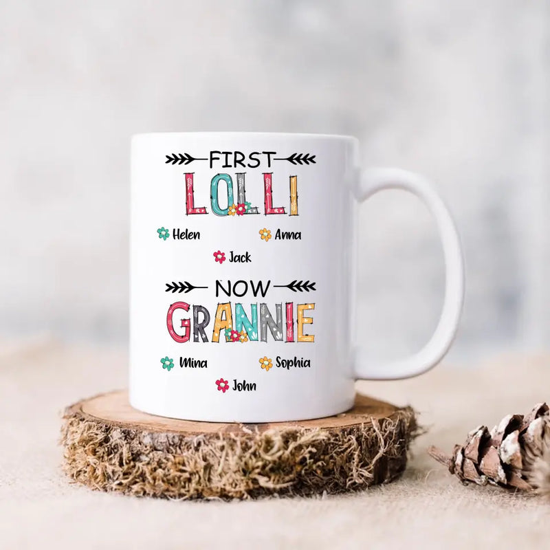Personalized Grandma Coffee Mug - Up to 4 Kids And 8 Grandkids - Mother's Day Gift Idea for Grandma - First Mom Now Nana Kid And Grandkids Flower Pattern