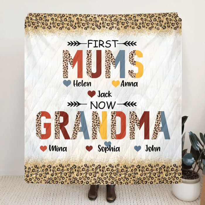 Personalized Grandma Single Layer Fleece/ Quilt Blanket - Upto 4 Kids And 8 Grandkids - Mother's Day Gift Idea for Grandma - First Mom Now Nana Kid And Grandkids