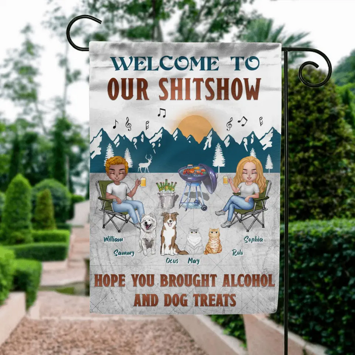 Custom Personalized Camping Couple With Pet Flag Sign - Couple With Upto 4 Pets - Gift Idea For Camping/ Dog/Cat Lovers - Welcome To Our Shitshow