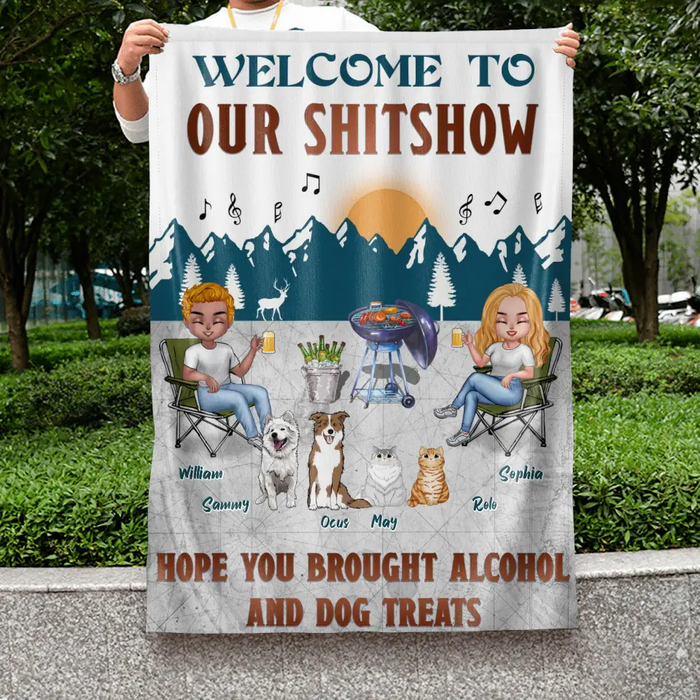 Custom Personalized Camping Couple With Pet Flag Sign - Couple With Upto 4 Pets - Gift Idea For Camping/ Dog/Cat Lovers - Welcome To Our Shitshow