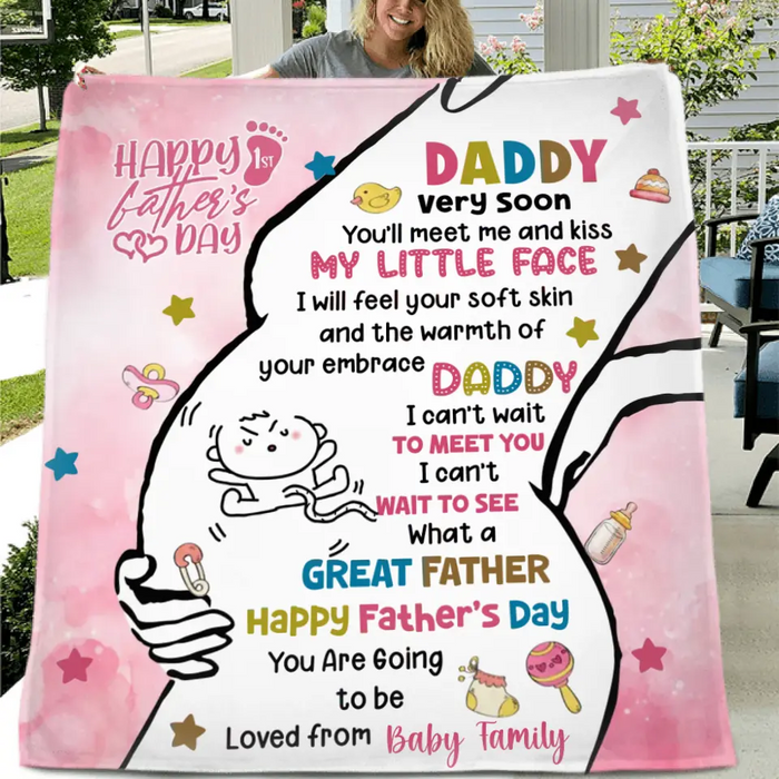 Custom Personalized First Mother's Day Quilt/Single Layer Fleece Blanket - Gift Idea For Mother's Day 2023 - Daddy Very Soon You'll Meet Me And Kiss My Little Face