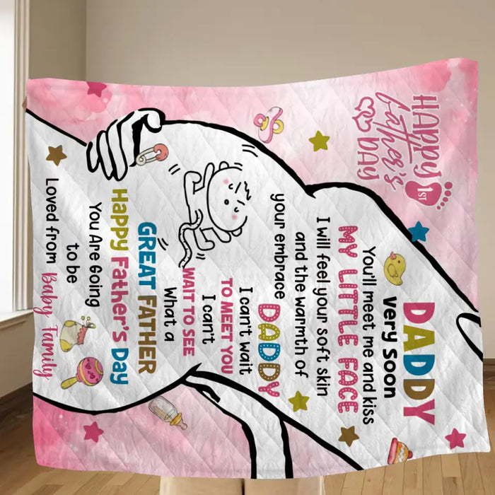 Custom Personalized First Mother's Day Quilt/Single Layer Fleece Blanket - Gift Idea For Mother's Day 2023 - Daddy Very Soon You'll Meet Me And Kiss My Little Face