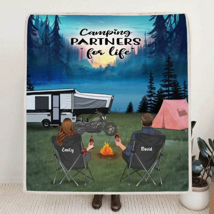 Custom Personalized Camping Quilt/ Fleece Blanket - Couple/ Parents With Upto 4 Kids And 3 Pets - Camping Partners For Life