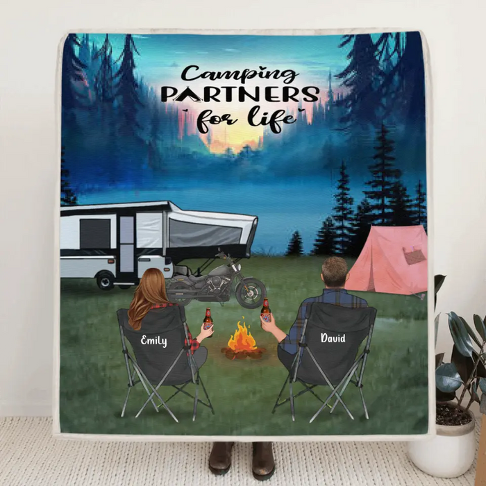 Personalized Camping Quilt/Fleece Blanket Couple/Parents With Up to Kids And Pets Camping Partners For Life