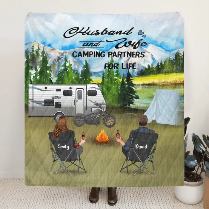 Custom personalized camping quilt blanket - Parents with Kids and Pets - Gift Idea For The Whole Family - Father's day gift, Mother's day gift - Husband and Wife Camping Partners For Life