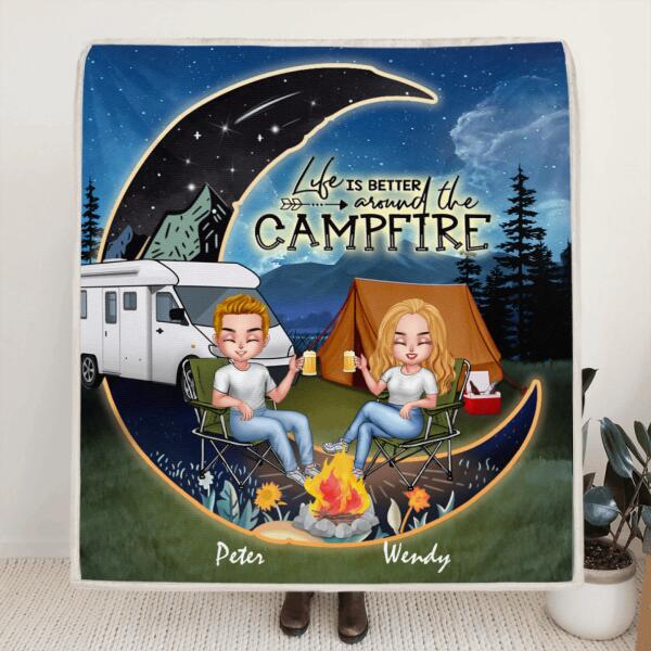 Custom Personalized Camping Moon Night Chibi Quilt/ Fleece Blanket - Couple With Upto 3 Dogs - Gift Idea For Camping Lover - Life Is Better Around The Campfire