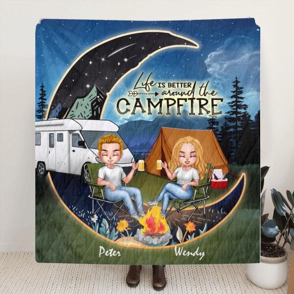Personalized Camping Moon Night Chibi Quilt/Fleece Blanket - Couple With Up to 3 Dogs - Gift Idea For Camping Lover - Life Is Better Around The Campfire