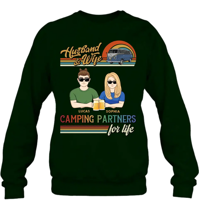 Custom Personalized Couple Camping Shirt/ Hoodie - Gift Idea For Couple/ Camping Lover - Husband & Wife Camping Partners For Life