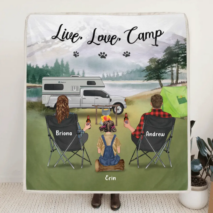 Custom Personalized Camping Fleece Blanket - Parents Upto 3 Kids & 3 Dogs - Gift Idea For The Whole Family - Live, Love, Camp - 341148