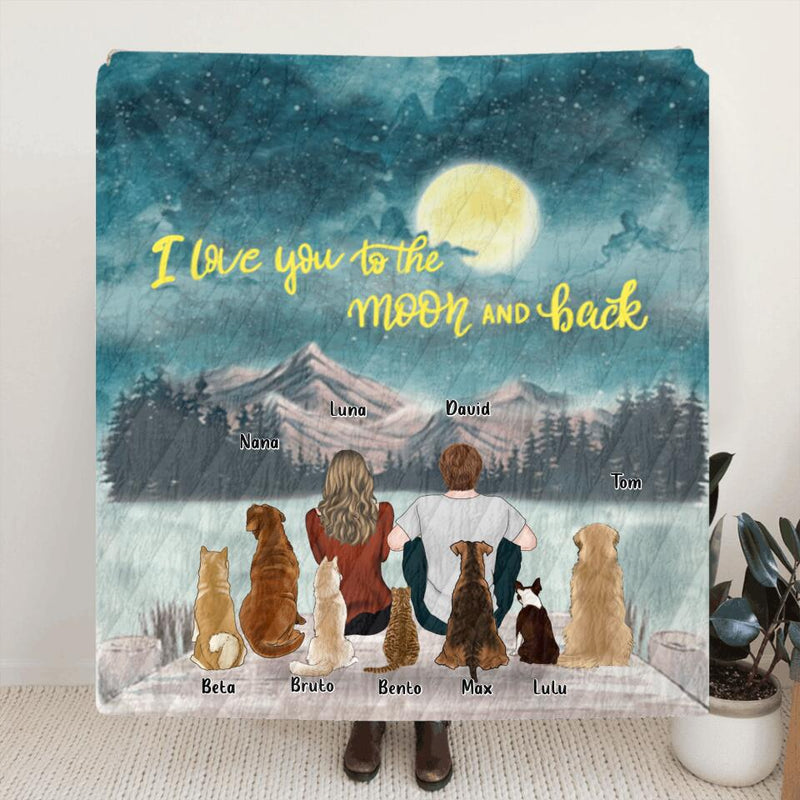 Personalized Pet Dad Pet Mom Quilt/Fleece Blanket - Up to 7 Pets - I Love You To The Moon and Back