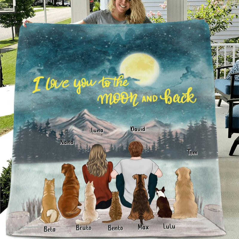 Personalized Pet Dad Pet Mom Quilt/Fleece Blanket - Up to 7 Pets - I Love You To The Moon and Back