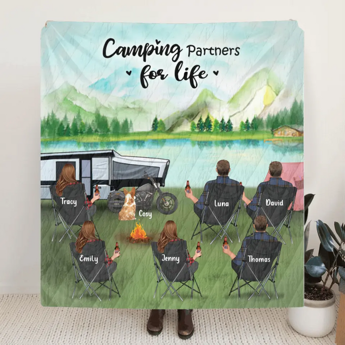 Personalized Camping Blanket - Gift For Camping Lovers with 6 Adults and 1 Pet - Camping Partners For Life