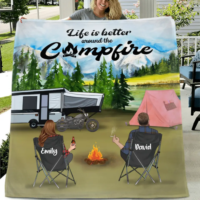 Custom Personalized Camping Smoke Fleece/Quilt Blanket - Couple/ Parents With Upto 4 Kids And 4 Pets - Gift Idea For Camping Lover - Life Is Better Around The Campfire