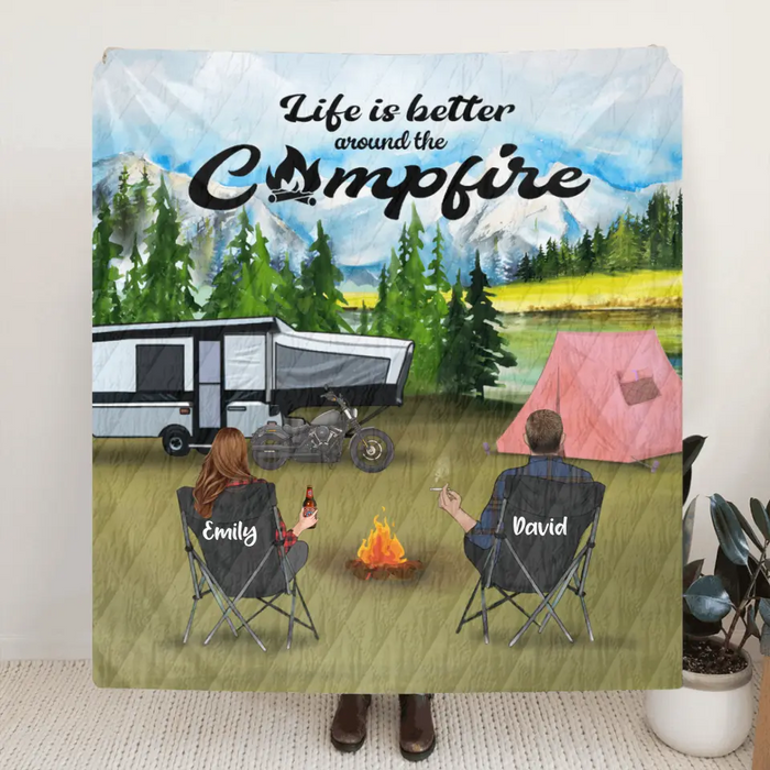 Custom Personalized Camping Smoke Fleece/Quilt Blanket - Couple/ Parents With Upto 4 Kids And 4 Pets - Gift Idea For Camping Lover - Life Is Better Around The Campfire