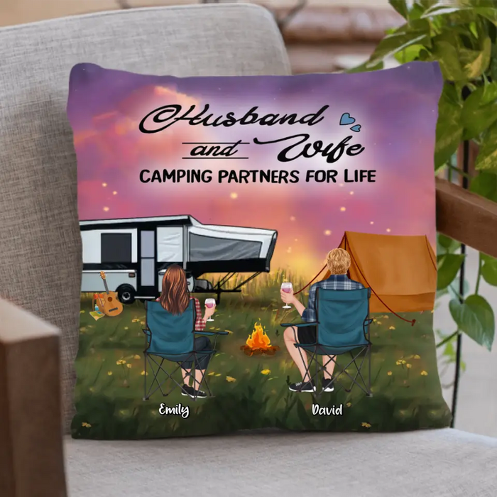 Custom Personalized Camping Couple/ Family Pillow Cover - Upto 3 Kids And 4 Pets - Gift Idea For Camping Lover - Husband And Wife Camping Partners For Life
