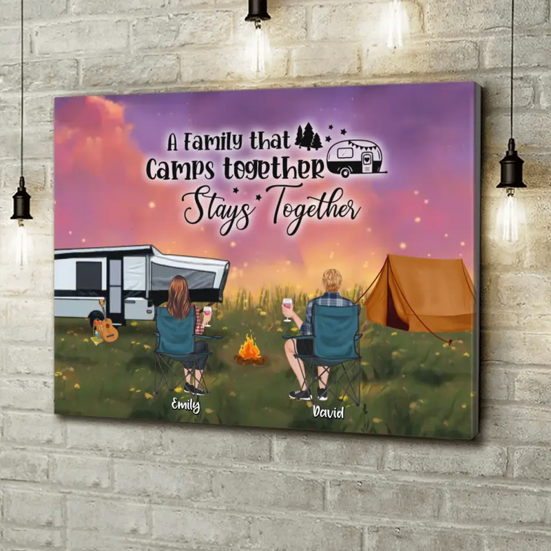 Personalized Camping Couple/Family Canvas - Up to 3 Kids And 4 Pets - Gift Idea For Camping Lover - A Family That Camps Together Stays Together