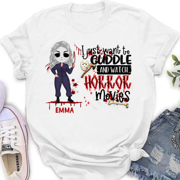 Custom Personalized Cuddle And Watch Horror Movies Shirt/ Hoodie - Halloween Gift For Girls