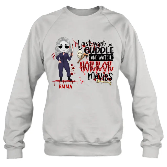 Custom Personalized Cuddle And Watch Horror Movies Shirt/ Hoodie - Halloween Gift For Girls