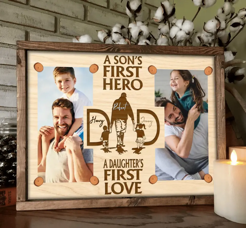 Personalized Dad Poster - Upload Photo - Father's Day Gift Idea From Son And Daughter - A Son's First Hero A Daughter's First Love