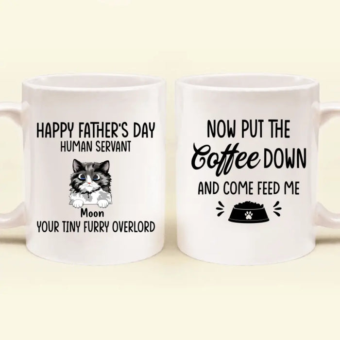 Custom Personalized Cat Coffee Mug - Upto 6 Cats - Gift Idea For Cat Lovers/Father's Day - Happy Father's Day Human Servant Your Tiny Furry Overlord Now Come Feed Me
