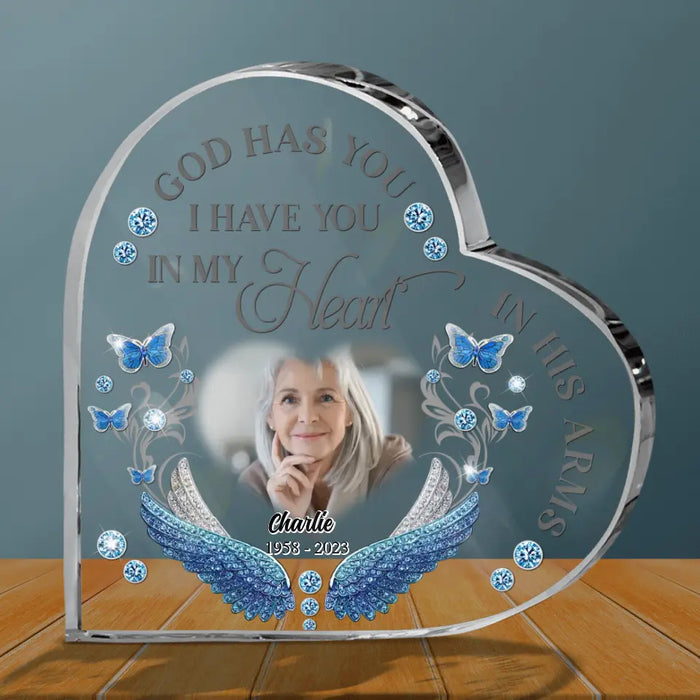 Custom Personalized Memorial Photo Crystal Heart - Memorial Gift Idea for Mother's Day/Father's Day - God Has You In His Arms I Have You In My Heart