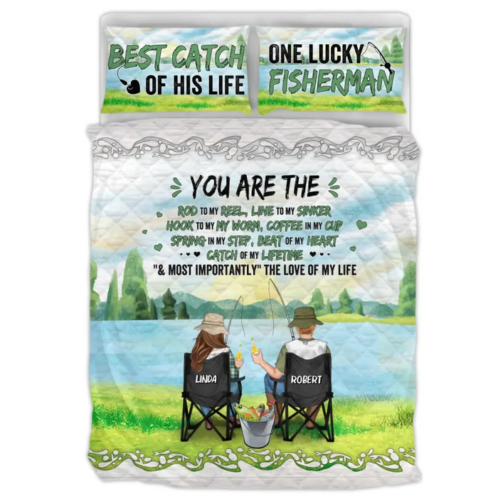 Custom Personalized Fishing Couple Quilt Bed Sets - Gift for Fishing Lovers/Couple/Husband and Wife - You Are The Rod To My Reel, Line To My Sinker