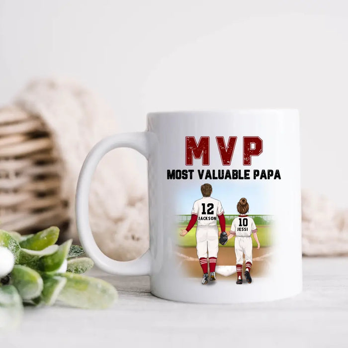 Custom Personalized Baseball Dad Coffee Mug - Upto 3 Kids - Gift Idea For Father's Day/ Father/ Son/ Daughter - MVP Most Valuable Papa