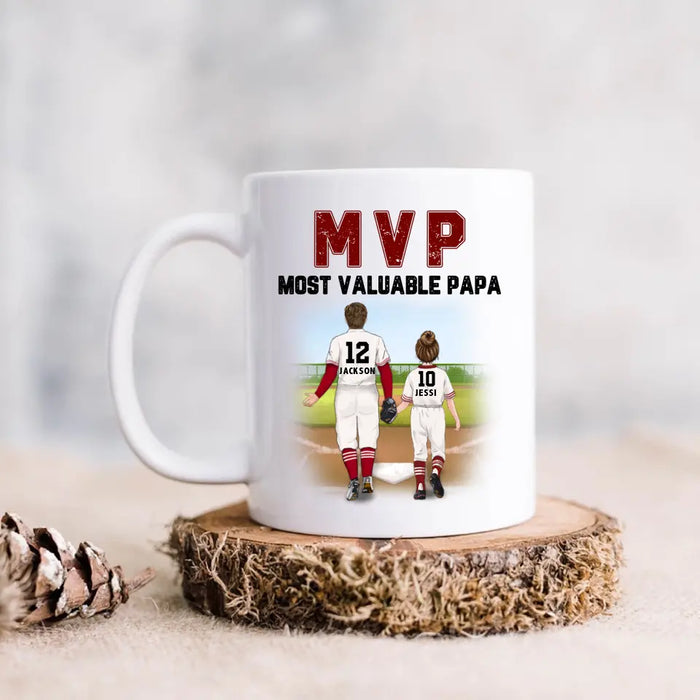 Custom Personalized Baseball Dad Coffee Mug - Upto 3 Kids - Gift Idea For Father's Day/ Father/ Son/ Daughter - MVP Most Valuable Papa