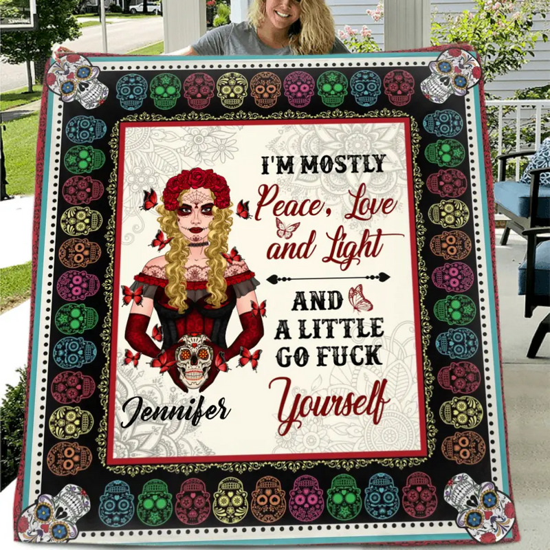 Personalized Sugar Skull Fleece Throw Blanket/Quilt  - Skull Gift For Girl - I'm Mostly Peace, Love And Light