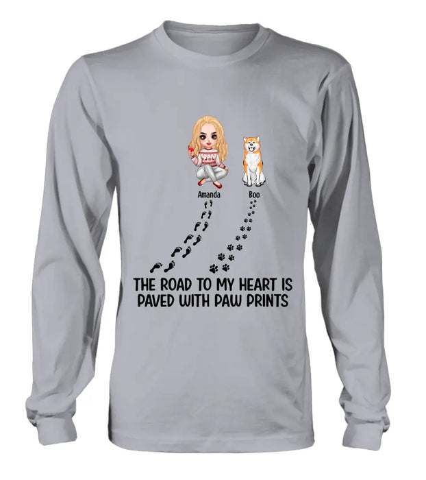 Custom Personalized Dog Shirt/Hoodie - Upto 4 Dogs - Father's Day/Mother's Day Gift Idea for Dog Lovers - The Road To My Heart Is Paved With Paw Prints