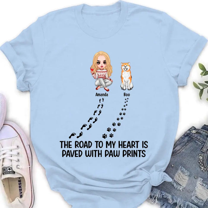 Custom Personalized Dog Shirt/Hoodie - Upto 4 Dogs - Father's Day/Mother's Day Gift Idea for Dog Lovers - The Road To My Heart Is Paved With Paw Prints