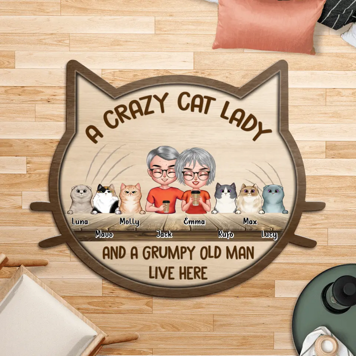 Custom Personalized Crazy Cat Lady Area Rug - Gift For Couple/ Cat Lovers with up 6 Cats - A Crazy Cat Lady and A Grumpy Old Man Live Here