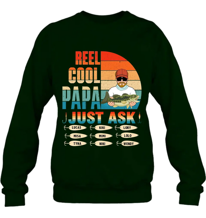 Custom Personalized Reel Cool Dad Shirt/Hoodie - Gift Idea For Father's Day/Grandpa/Fishing Lovers - Upto 9 Kids - Reel Cool Papa Just Ask