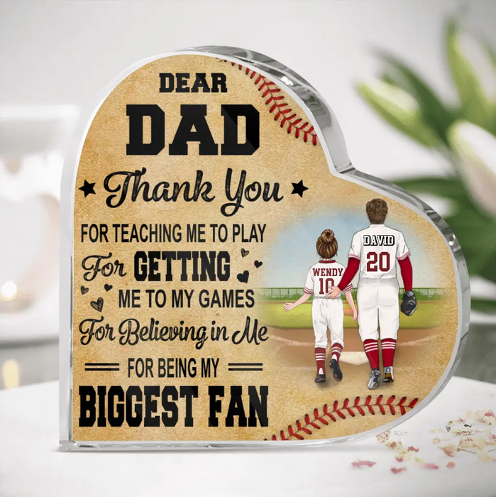 Custom Personalized Baseball Dad Crystal Heart - Upto 2 Children - Father's Day Gift Idea for Baseball Lovers - Dear Dad Thank You For Teaching Me To Play