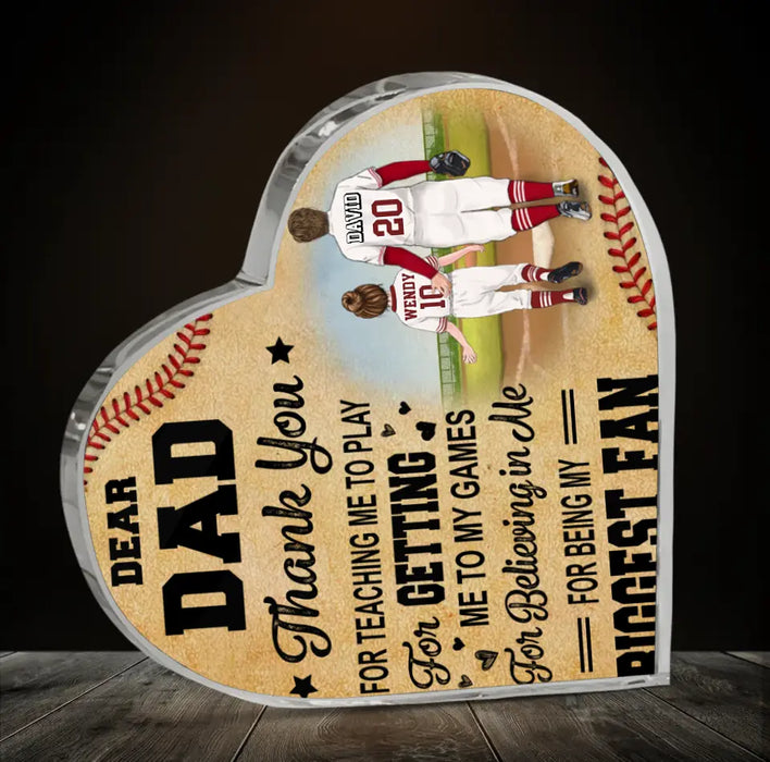 Custom Personalized Baseball Dad Crystal Heart - Upto 2 Children - Father's Day Gift Idea for Baseball Lovers - Dear Dad Thank You For Teaching Me To Play