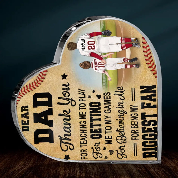 Custom Personalized Baseball Dad Crystal Heart - Upto 2 Children - Father's Day Gift Idea for Baseball Lovers - Dear Dad Thank You For Teaching Me To Play