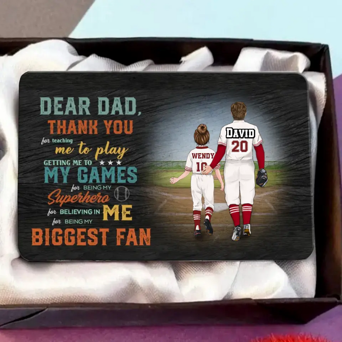 Custom Personalized Baseball Dad Aluminum Wallet Card - Upto 2 Children - Father's Day Gift Idea for Baseball Lovers - Dear Dad Thank You For Teaching Me To Play